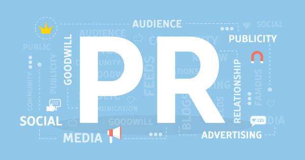PR concept illustration with PR letters, social media icons and keywords