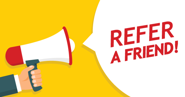 Megaphone graphic with text Refer a Friend on a bright yellow background