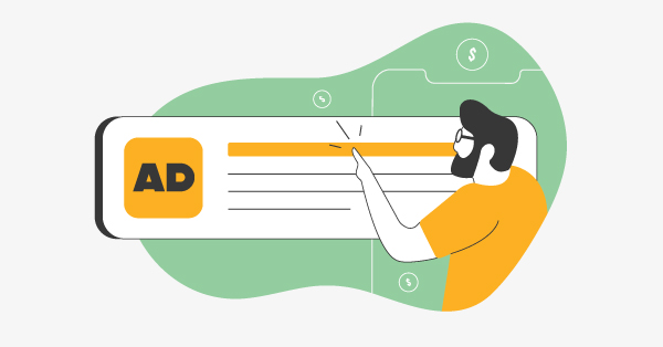Cartoon of a man clicking on a digital ad banner with dollar signs in the background