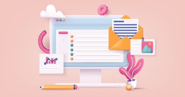 Email marketing concept with computer, envelope, charts, and graphics.