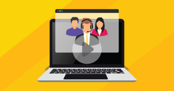 Laptop screen displaying live webinar with speaker and attendees.