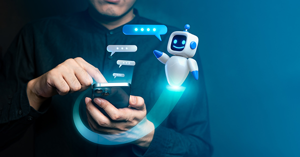 Person using a smartphone to interact with a friendly AI